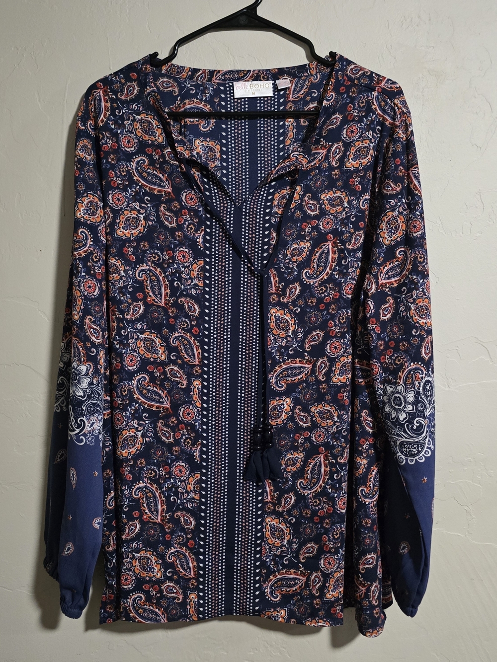 Belle Boho Kim Gravel Paisley Print Long Sleeve Blouse